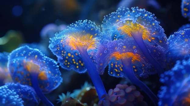 A close up of a group of blue and yellow jellyfish