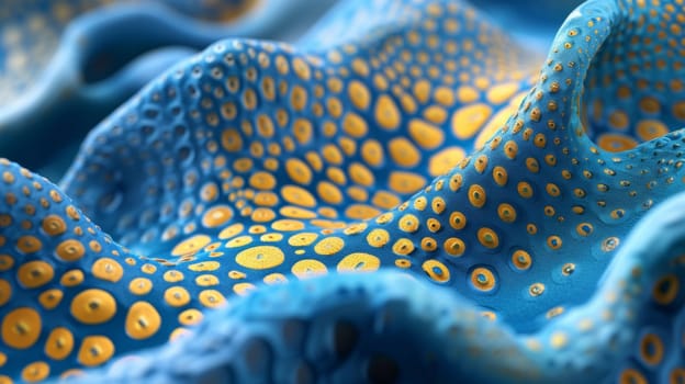 A close up of a blue and yellow patterned fabric