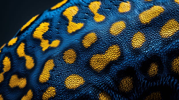 A close up of a blue and yellow spotted animal