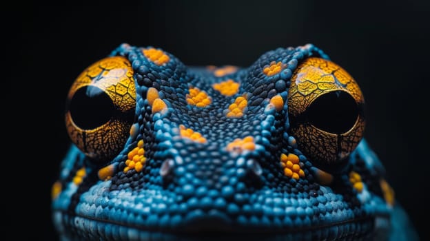 A close up of a blue and yellow lizard with orange eyes