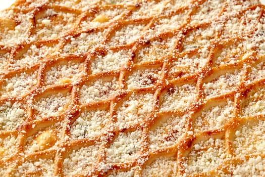 Close-up view of savory cheesy pie topped with golden lattice sprinkled with rich Parmesan crumble, fresh out of oven and ready to enjoy