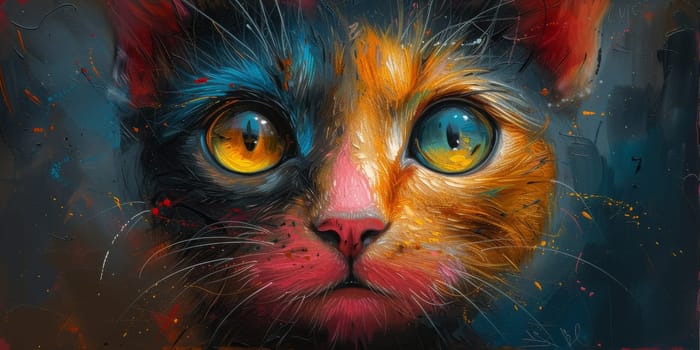 Oil cat portrait painting in multicolored tones. Conceptual abstract painting. Closeup painting oil and palette knife on canvas