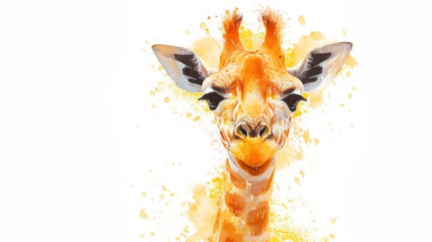 A close up of a giraffe's face with yellow paint splatters