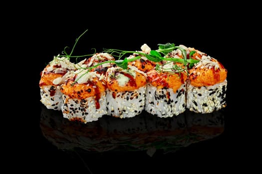 Sushi rolls topped with seared golden brown cheese and seafood caps, sesame and grated parmesan garnished with greens, presented on black reflected surface. Fusion of Italian and Japanese cuisines