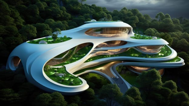 Futuristic sustainable complex office building for green economy and sustainability comeliness