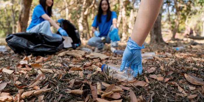 Volunteer collecting plastic trash in the forest. The concept of environmental conservation. Global environmental pollution. Cleaning the forest.