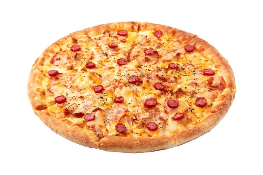 Delicious classic italian Pizza with sausages, bacon, pepper and cheese mozzarella. Fresh italian classic original pizza isolated on white background.