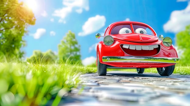 Cheerful Red Cartoon Car with Smiling Expression on Sunny Outdoor Path.