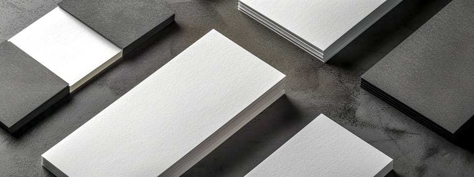 Stacks of White and Black Textured Paper on Concrete Surface for Design and Printing.