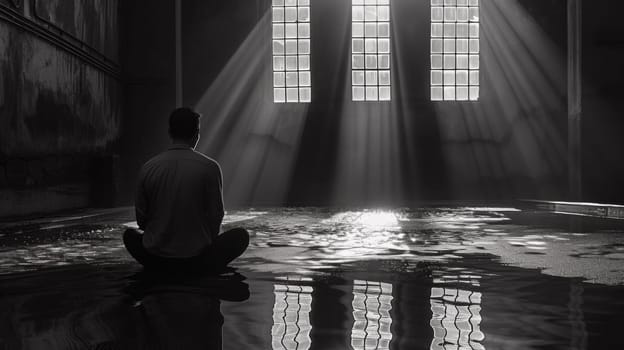 A man sitting in a pool of water with sunlight coming through the windows