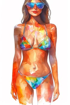 A woman in a bikini with sunglasses and colorful paint