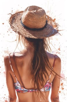 A woman in a bikini top and straw hat with water splatter