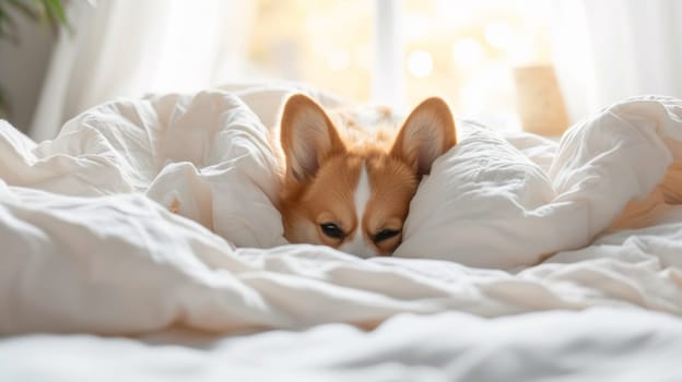 A dog laying on top of a bed with white sheets