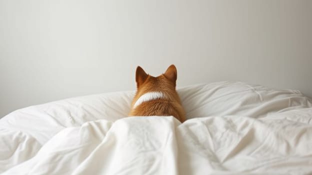 A dog laying on top of a bed with white sheets