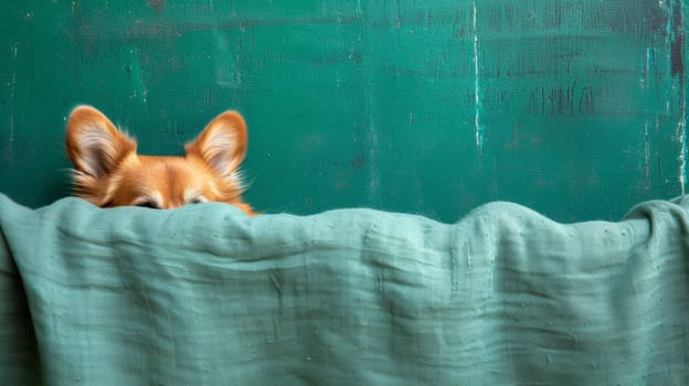 A dog peeking out from behind a green sheet of cloth