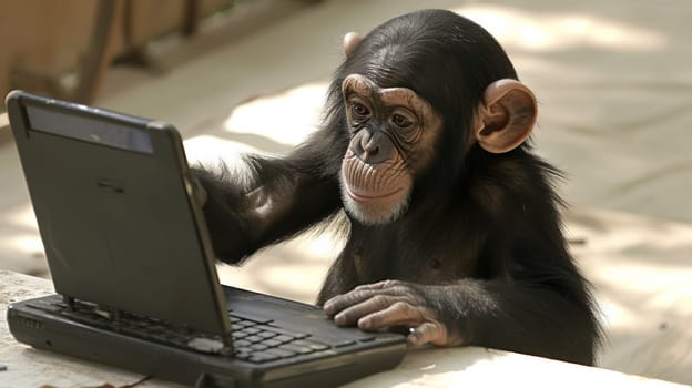 A chimpanzee sitting at a table with an open laptop