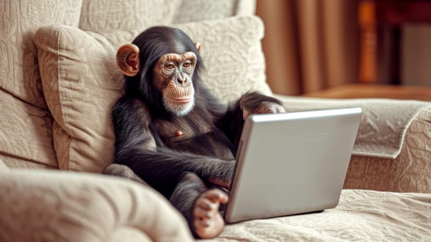 A chimpanzee sitting on a couch with his hand resting on the keyboard of an open laptop