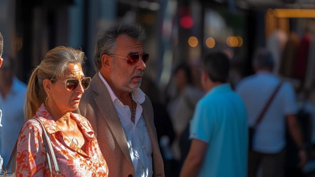 A man and woman standing next to each other on a street