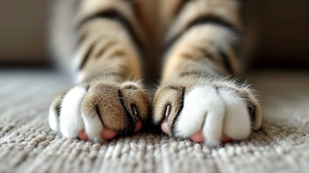 A close up of a cat's paws and feet on the carpet