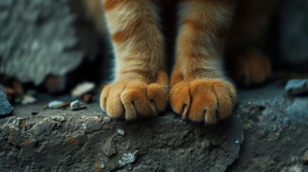 A close up of a cat's paws on some rocks