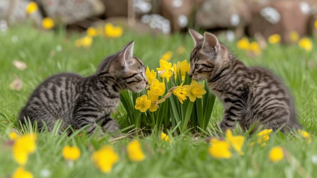 Two kittens are looking at each other in the grass