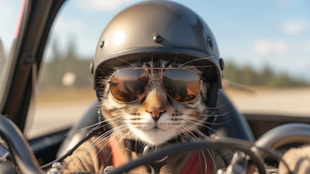 A cat wearing sunglasses and a helmet driving in the car