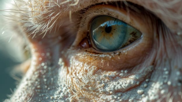 A close up of a blue eye with white fur on it