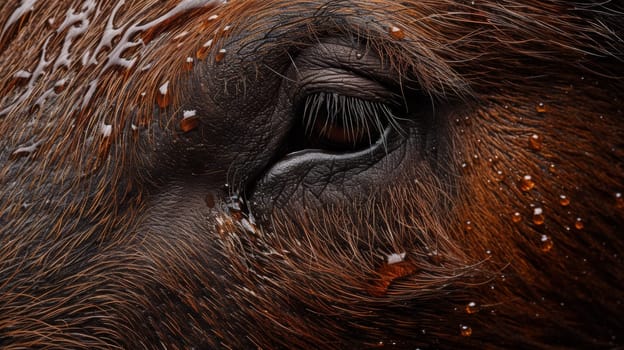 A close up of a brown cow's eye with water droplets on it