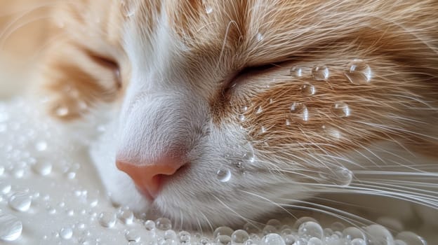 A close up of a cat sleeping with water droplets on it