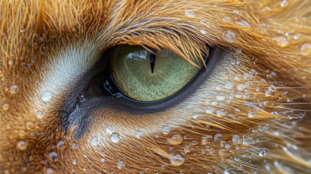 A close up of a cat's eye with water droplets on it