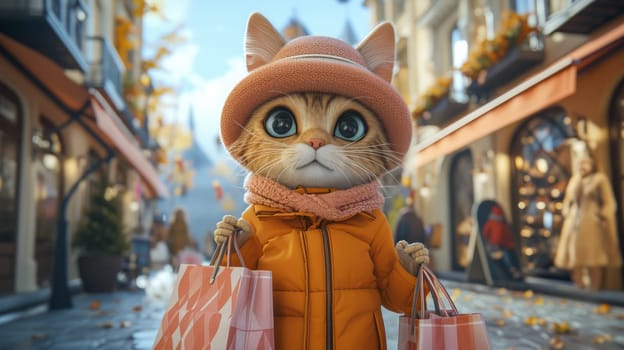 A cartoon cat in a hat and coat holding shopping bags
