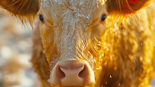 A close up of a cow with snow on its face