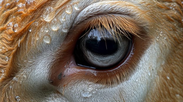 A close up of a cow's eye with water droplets on it