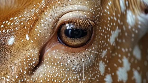 A close up of a brown spotted deer's eye with white spots