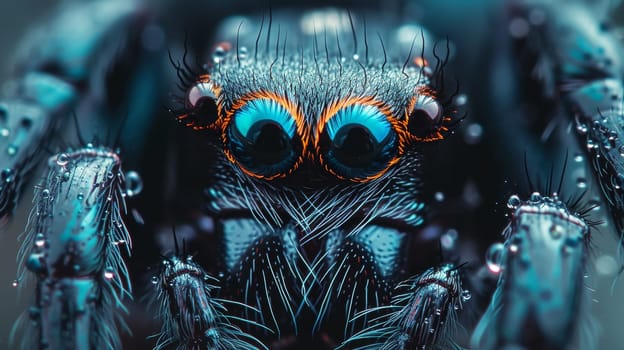 A close up of a spider with blue eyes and orange markings