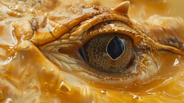 A close up of a crocodile's eye in yellow water