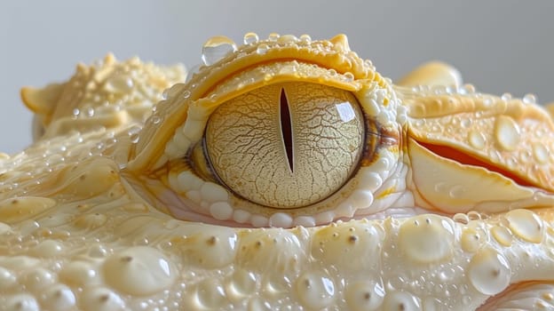 A close up of a large alligator's eye with water droplets