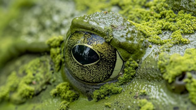 A close up of a frog's eye with moss covering it