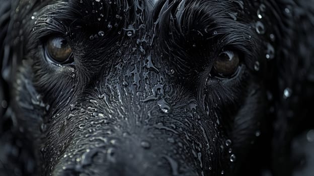 A close up of a black dog with water droplets on its face