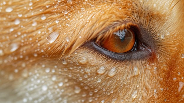 A close up of a dog's eye with water droplets on it