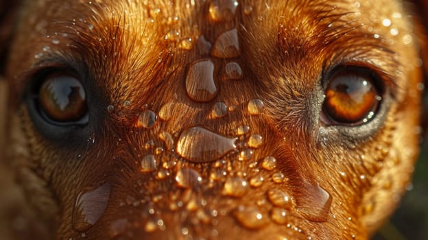 A close up of a brown dog with water droplets on its face