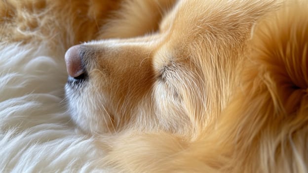 A close up of a dog sleeping on top of some fluffy stuff