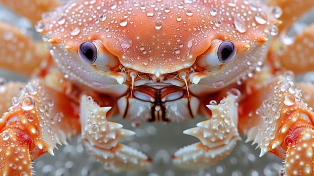 A close up of a crab with water droplets on its face