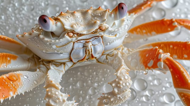 A close up of a crab with water droplets on it