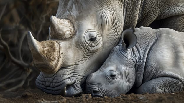 A close up of a rhino and its baby in the dirt