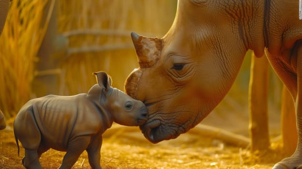 A baby rhino is nuzzling its mother's nose in a field