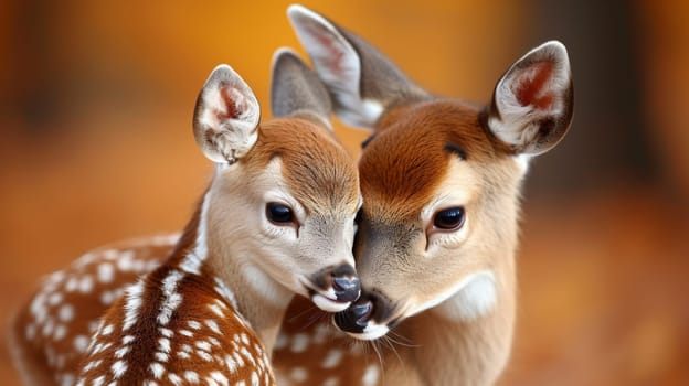 A small deer is hugging another smaller one in the woods