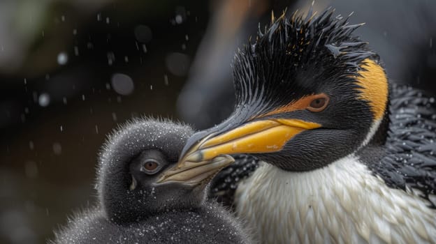 A close up of a bird with an orange and yellow beak