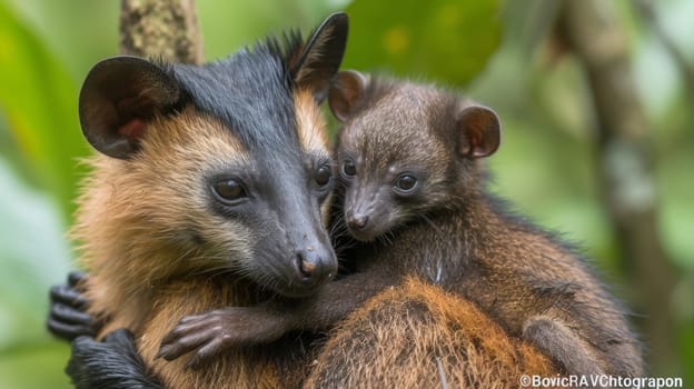 A small animal hugging a larger one in the woods