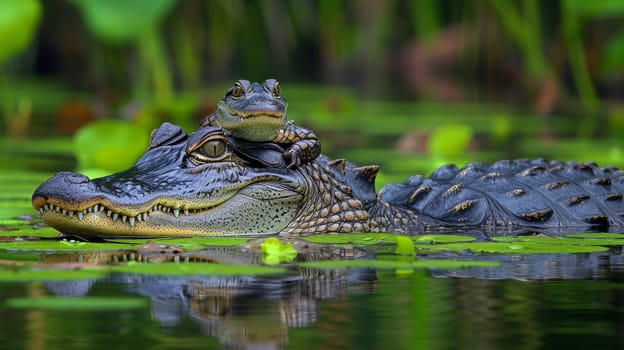A large alligator with a baby on its back in the water